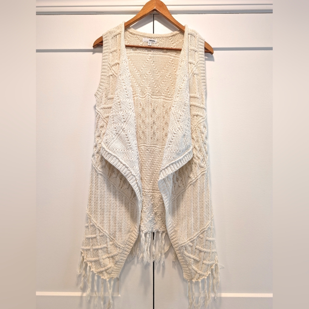 SONOMA Womens Cream Chunky CableKnit Fringed Waterfall Vest Sleeveless Cardigan